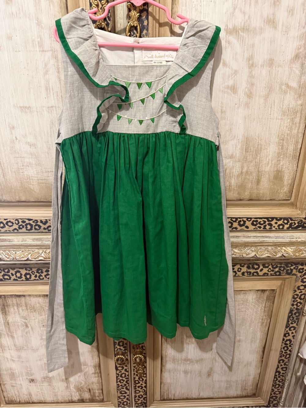 Well Dressed Wolf WDW Girls Green and Gray Ruffle-Trim Cotton Dress Sz 7